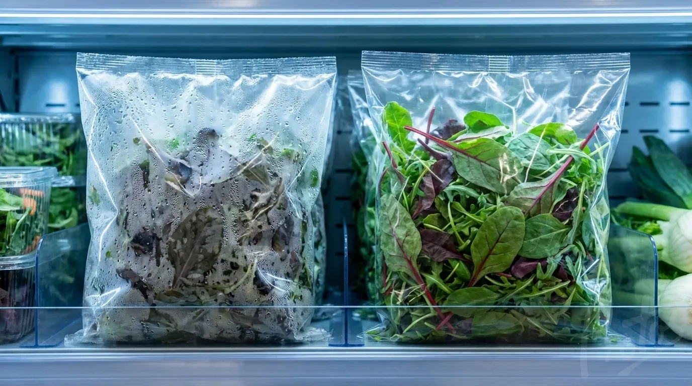 Anti-fog packaging film comparison - standard film with condensation vs clear anti-fog film on salad bags in supermarket chiller