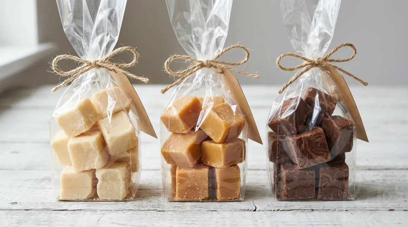Artisan fudge in clear cellophane bags with kraft tags and twine