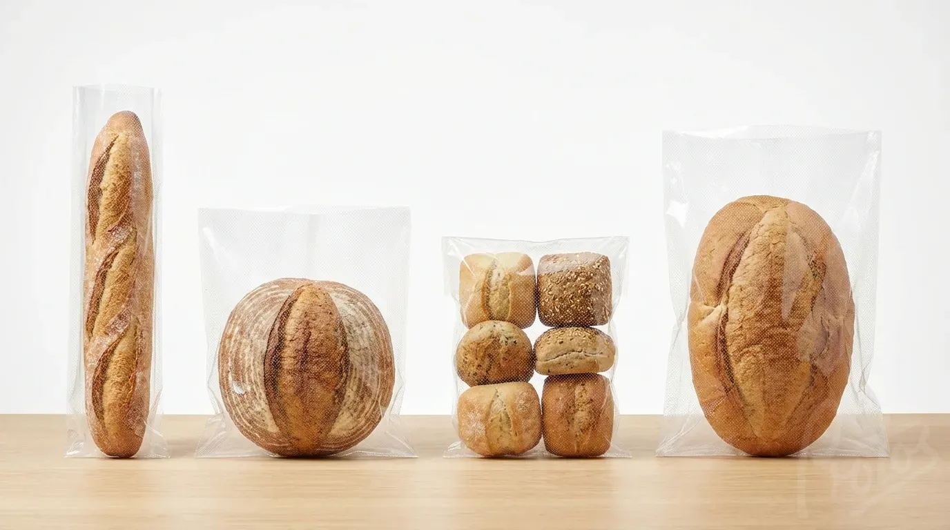 Various sizes of clear bakery bread bags for different products - baguettes, loaves, rolls