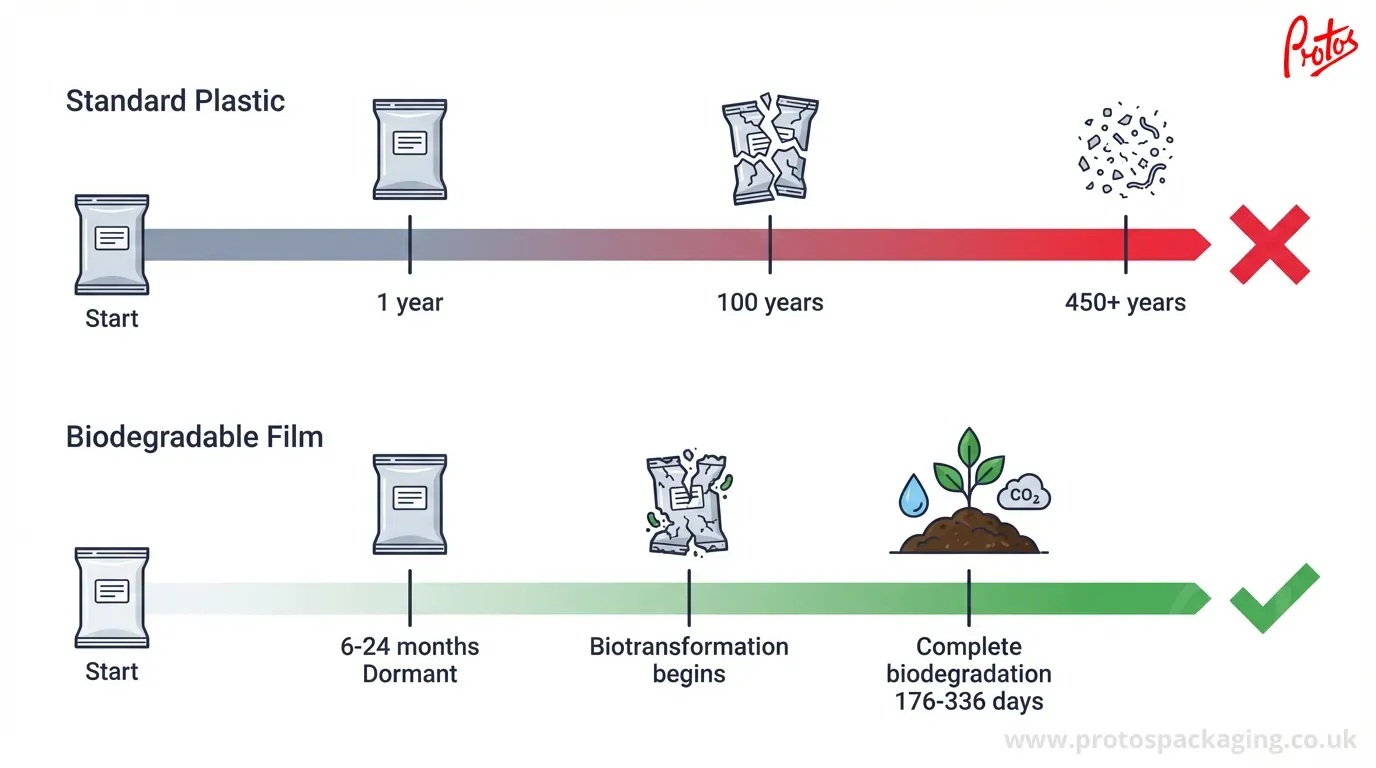 Timeline comparison showing standard plastic persisting for 450+ years versus biodegradable BOPP fully biodegrading in under one year
