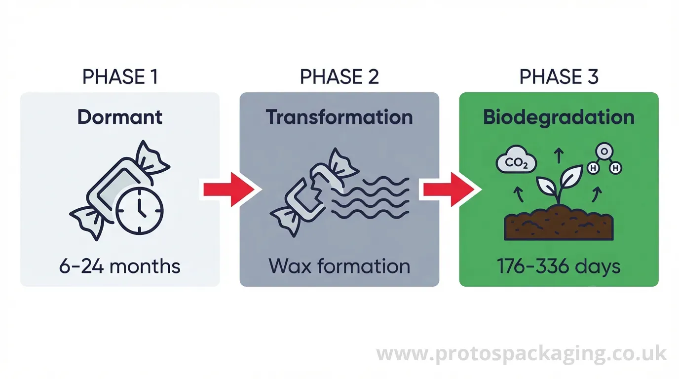 Biotransformation three-phase process: dormant service life, chemical transformation to wax, and biodegradation by microorganisms