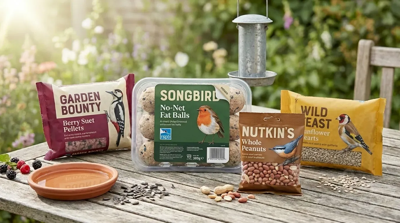 Range of wild bird food products in flexible packaging - fat balls in lidded tray, suet pellets flow wrap, mealworms back seal bag