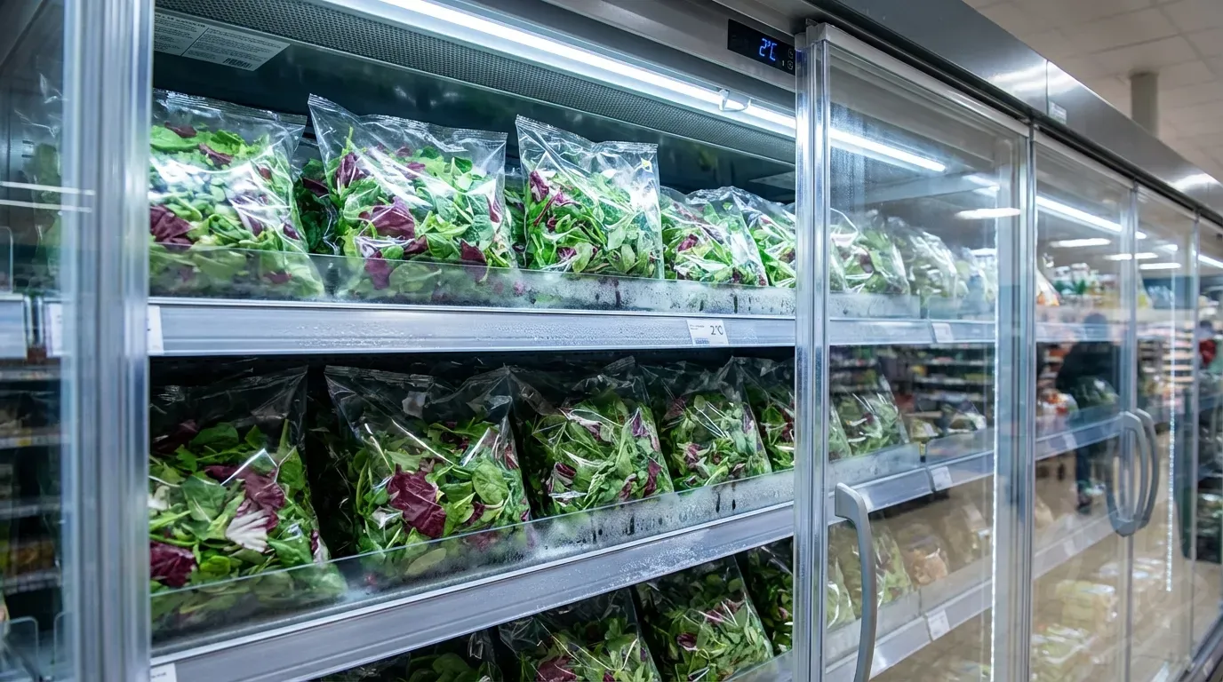 Fresh salad bags in supermarket chiller cabinet - anti-mist BOPP film keeps packaging clear despite refrigeration