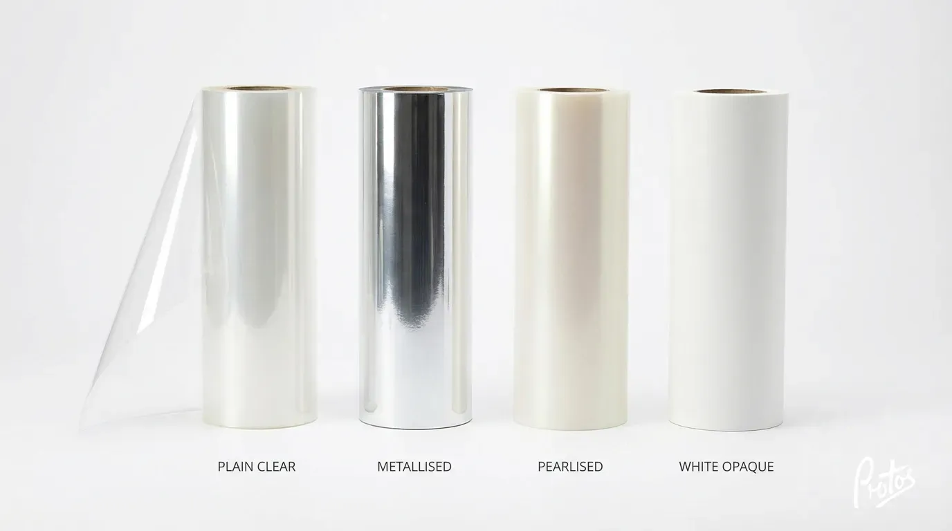 BOPP film variants comparison - clear, metallised, pearlised and white opaque films side by side