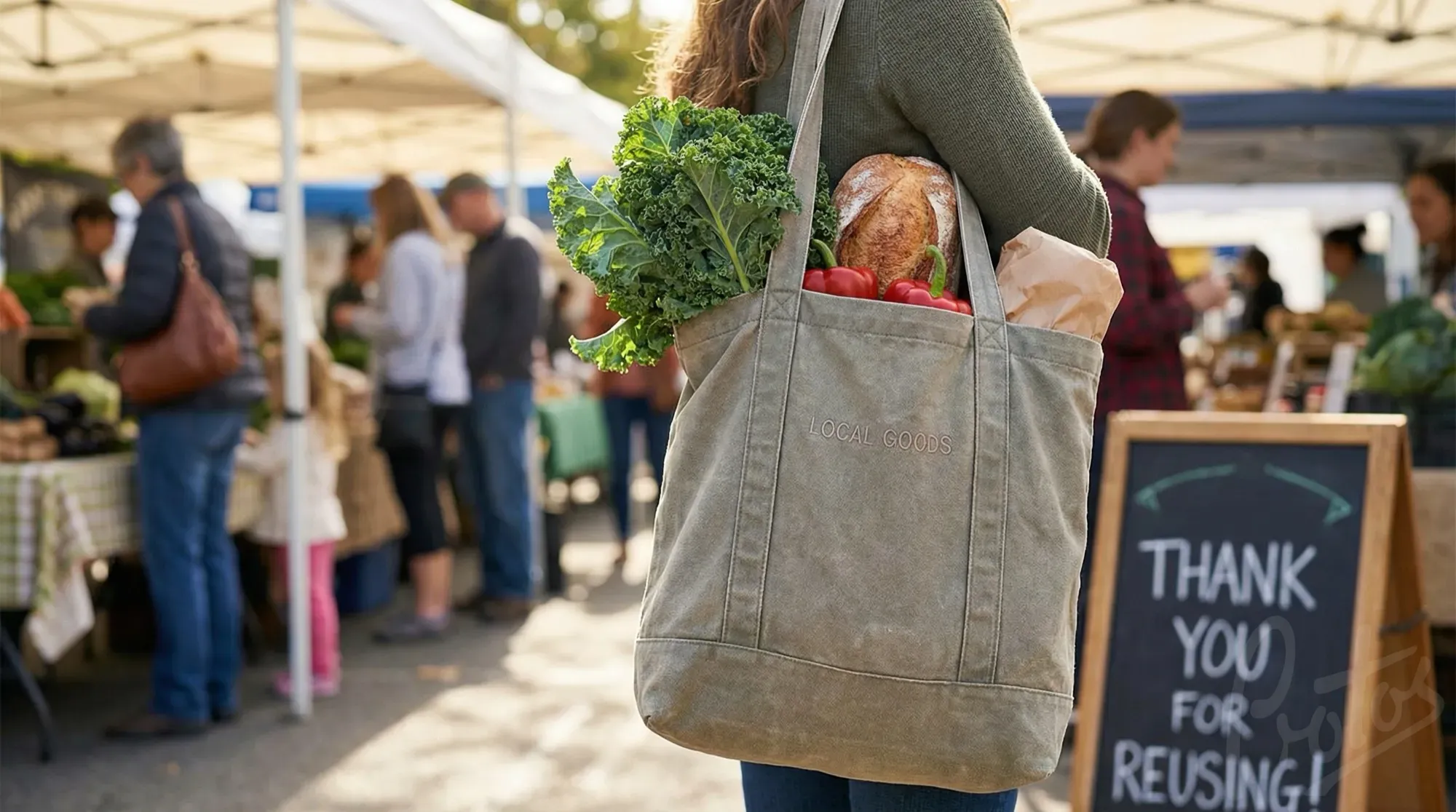 Shopper carrying a reusable canvas tote bag - the sustainable alternative to plastic carrier bags