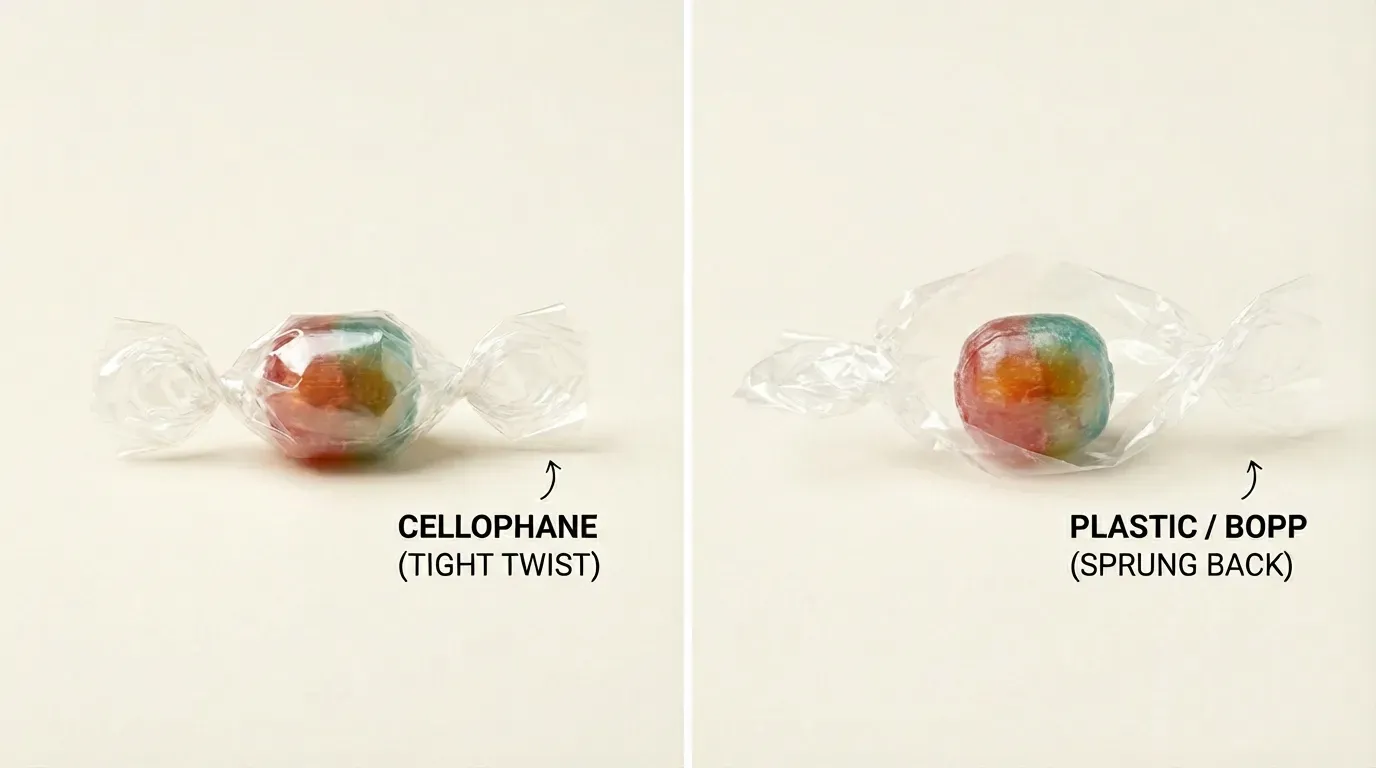 Comparison showing cellophane holding a tight twist versus BOPP plastic springing back - demonstrating cellophane's dead fold property