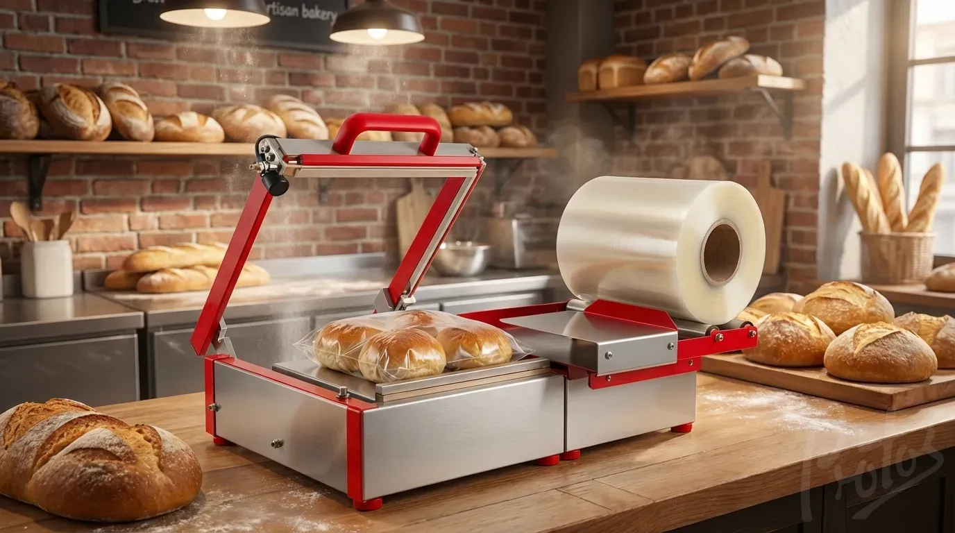 L-sealer machine with centre-folded film sealing fresh bread rolls in artisan bakery