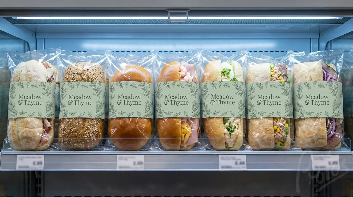 Supermarket chiller cabinet displaying filled rolls in printed BOPP bags with artisan branding