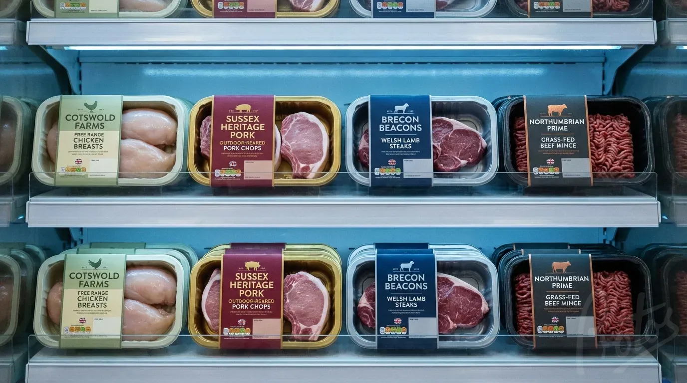 Retail chiller cabinet displaying meat trays with printed lidding film - chicken, pork, beef, and lamb