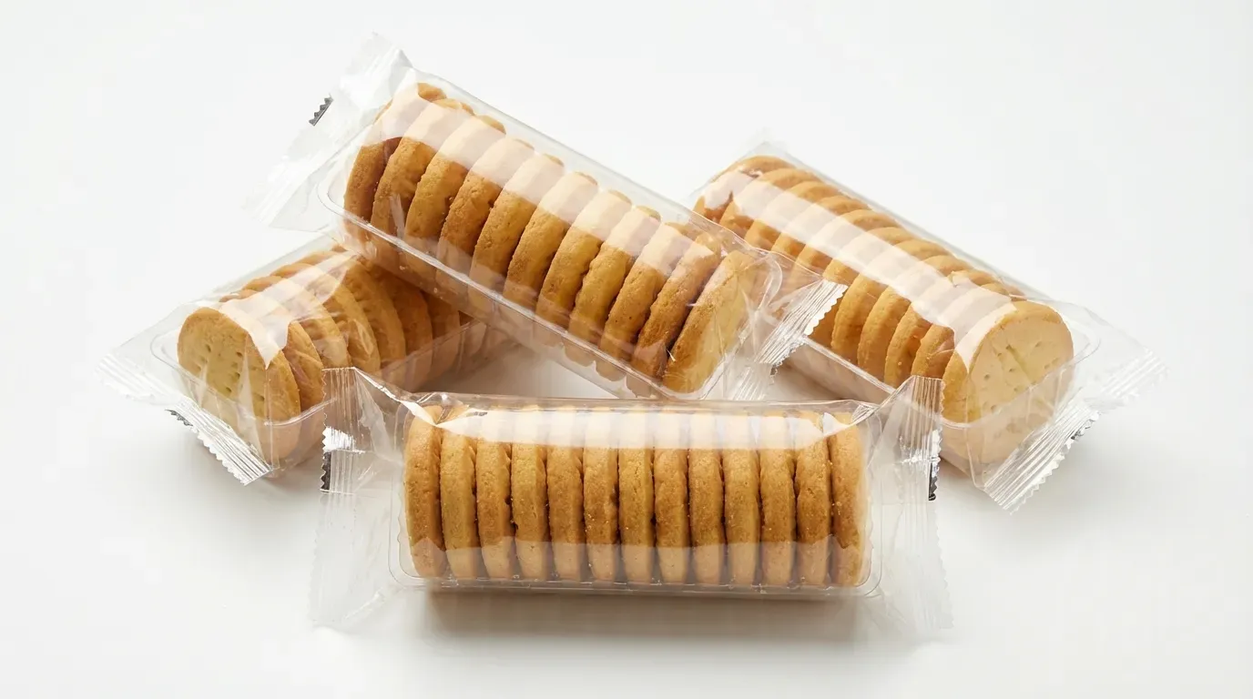 Biscuit packs in clear BOPP flow wrap film showing product visibility
