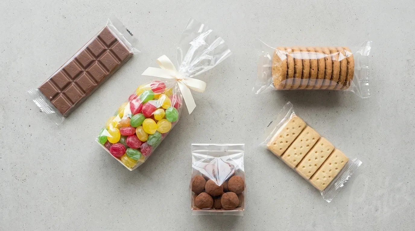 Selection of clear-wrapped confectionery products including chocolate bars, biscuits and sweets