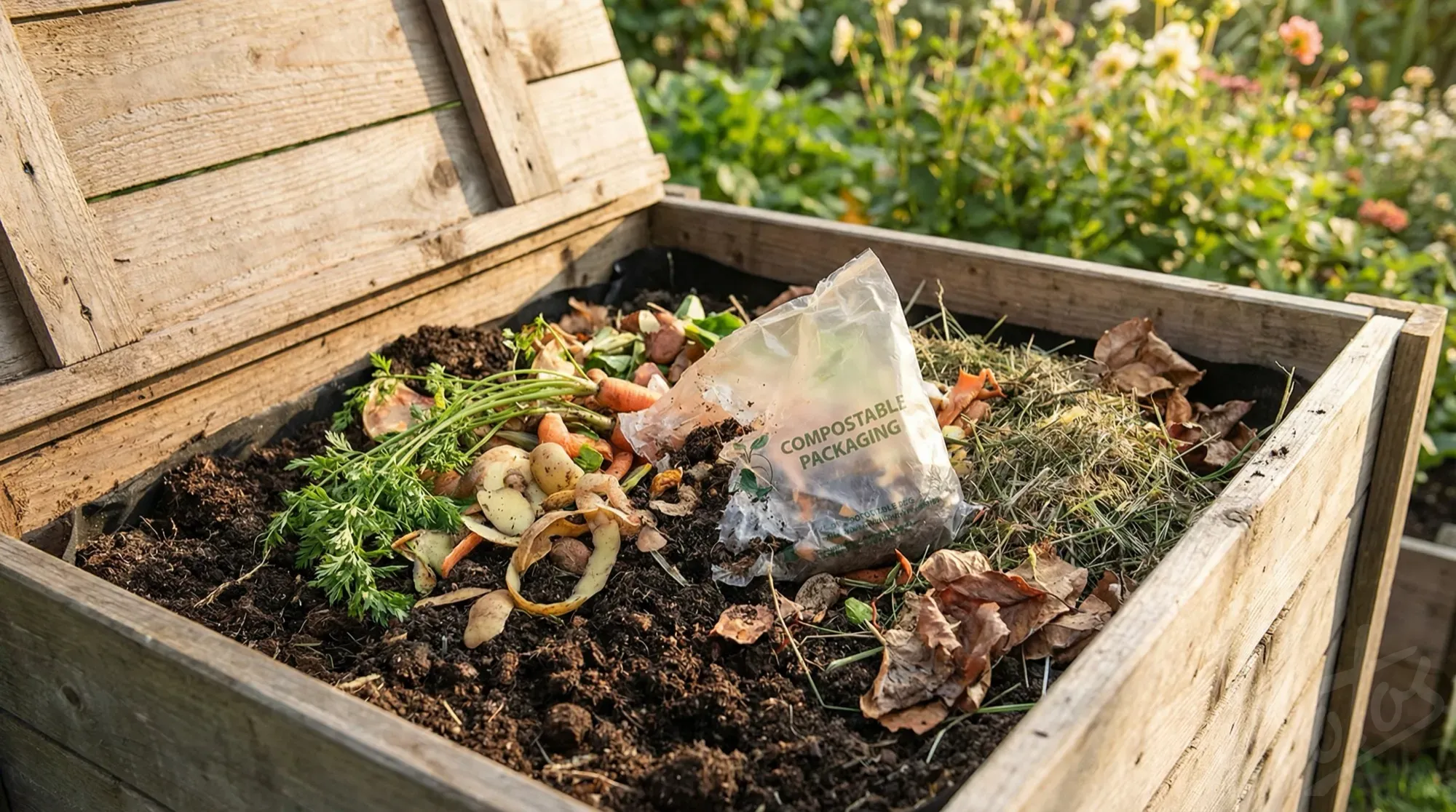 Compostable packaging breaking down naturally in a home compost bin alongside vegetable peelings