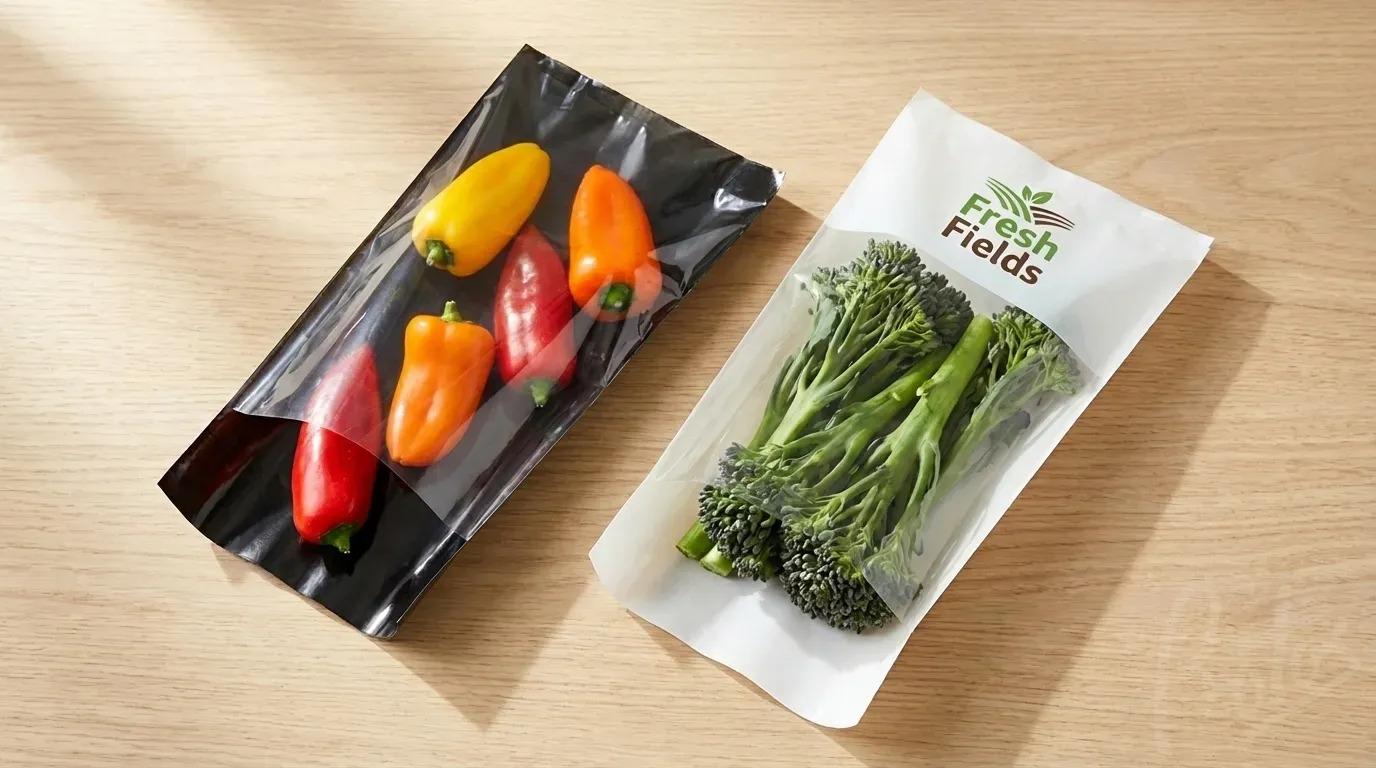 Fresh produce packaging bags with contrast back panels - black back with peppers and white back with tenderstem broccoli