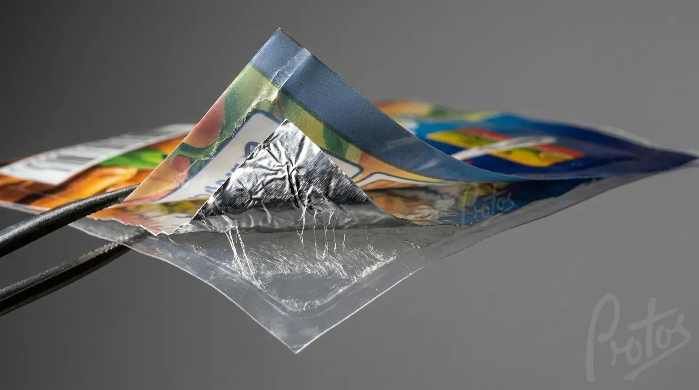 Cross-section of a flexible packaging laminate showing printed outer layer, barrier layer, and CPP sealant layer