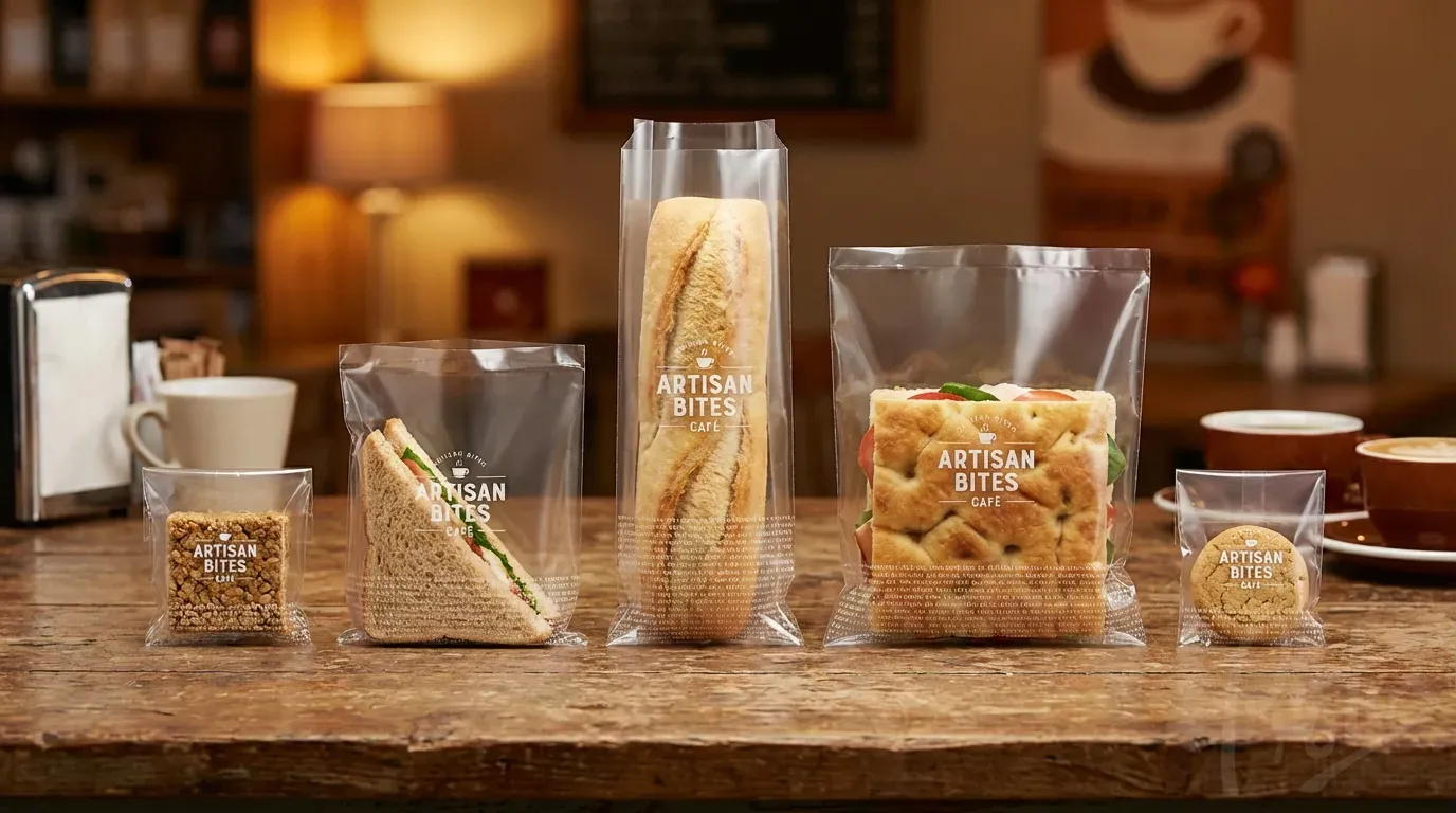 Custom printed BOPP sandwich bags in various sizes with branded design for café food-to-go range