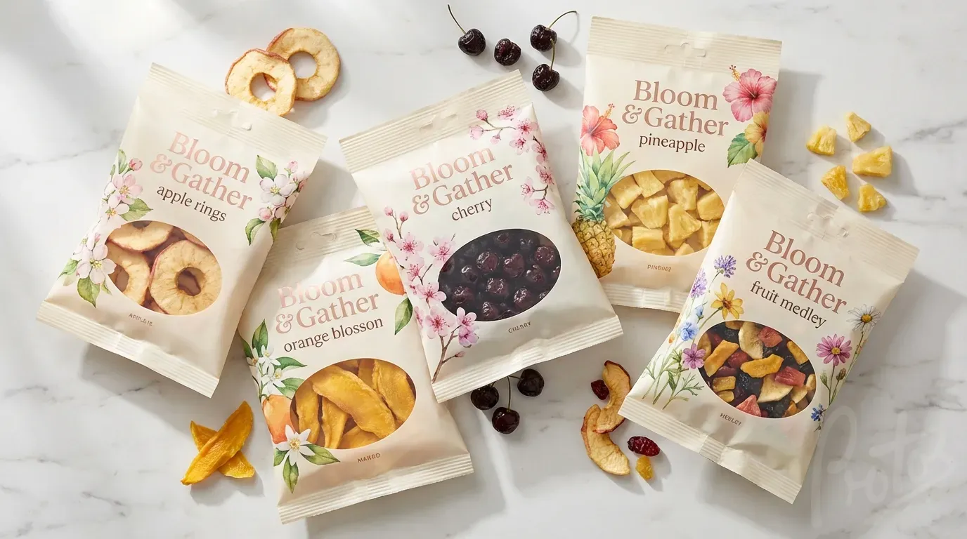 Range of dried fruit snack products in printed laminate pillow pack packaging