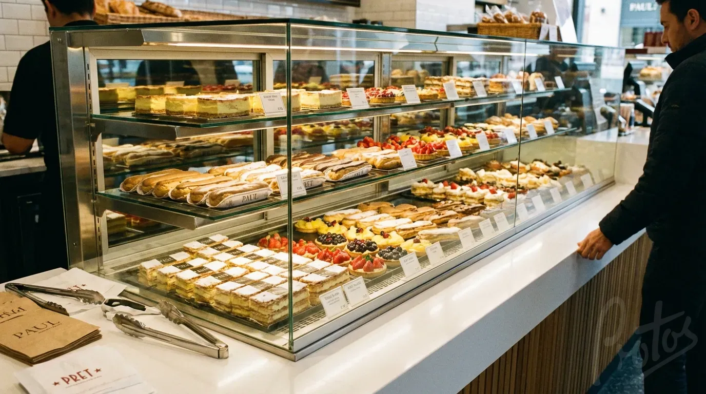 Chain bakery display case with pastries wrapped in clear film collars