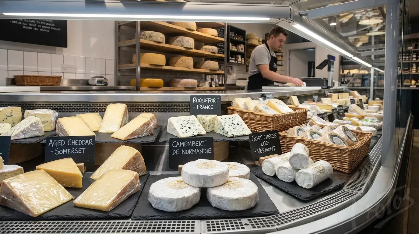 Supermarket cheese display with cellophane-wrapped artisan cheeses on refrigerated shelving