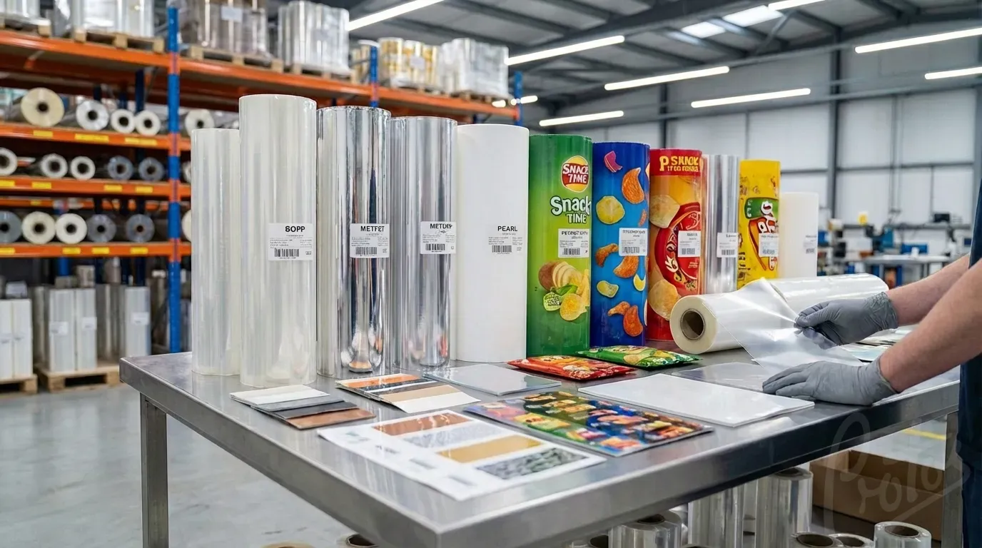 Range of flexible packaging film rolls and samples including clear BOPP, metallised, and printed films available for technical specification