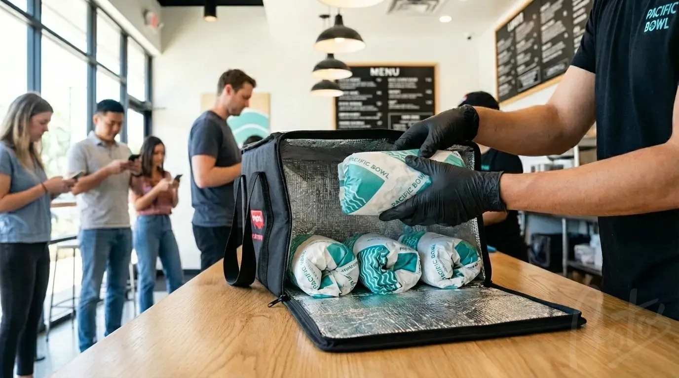 Branded foil lined paper wrapped burritos being placed into delivery bag for takeaway