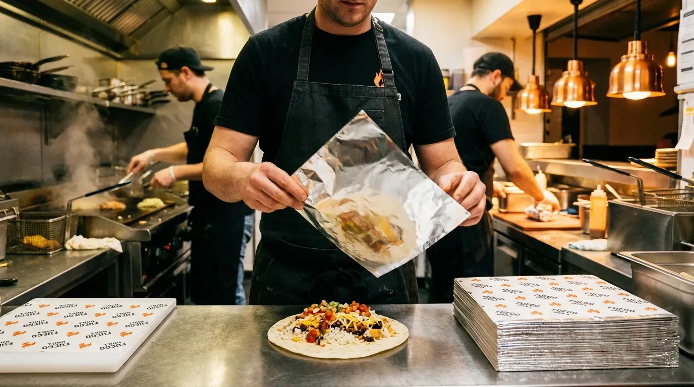 Foil lined paper being used to wrap burritos in a busy commercial kitchen