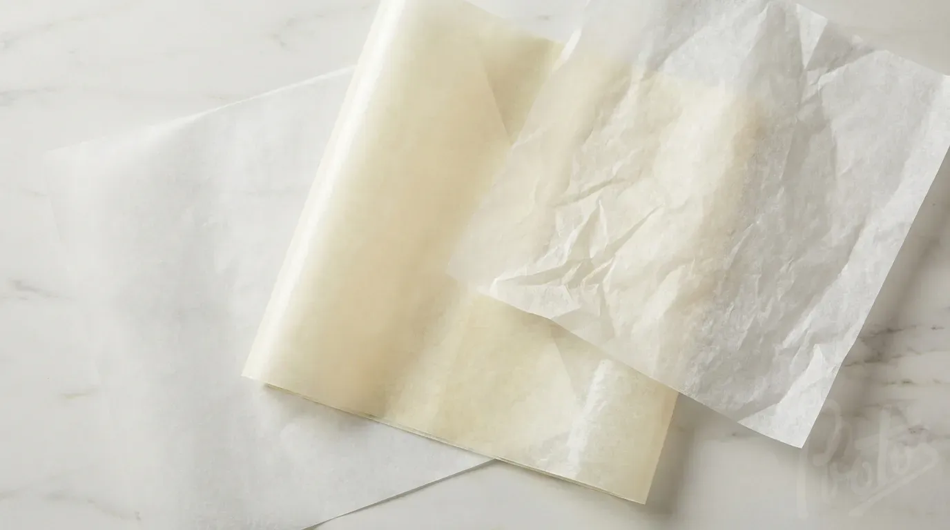 Three types of food grade paper - white greaseproof, glossy waxed paper, and lightweight tissue showing different textures and weights