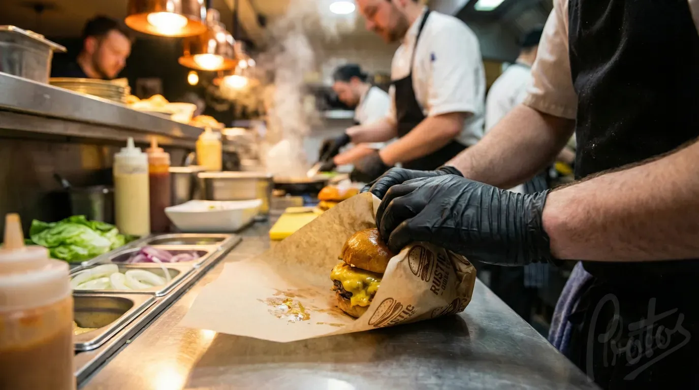 Hands wrapping a burger in printed greaseproof paper at a busy restaurant counter