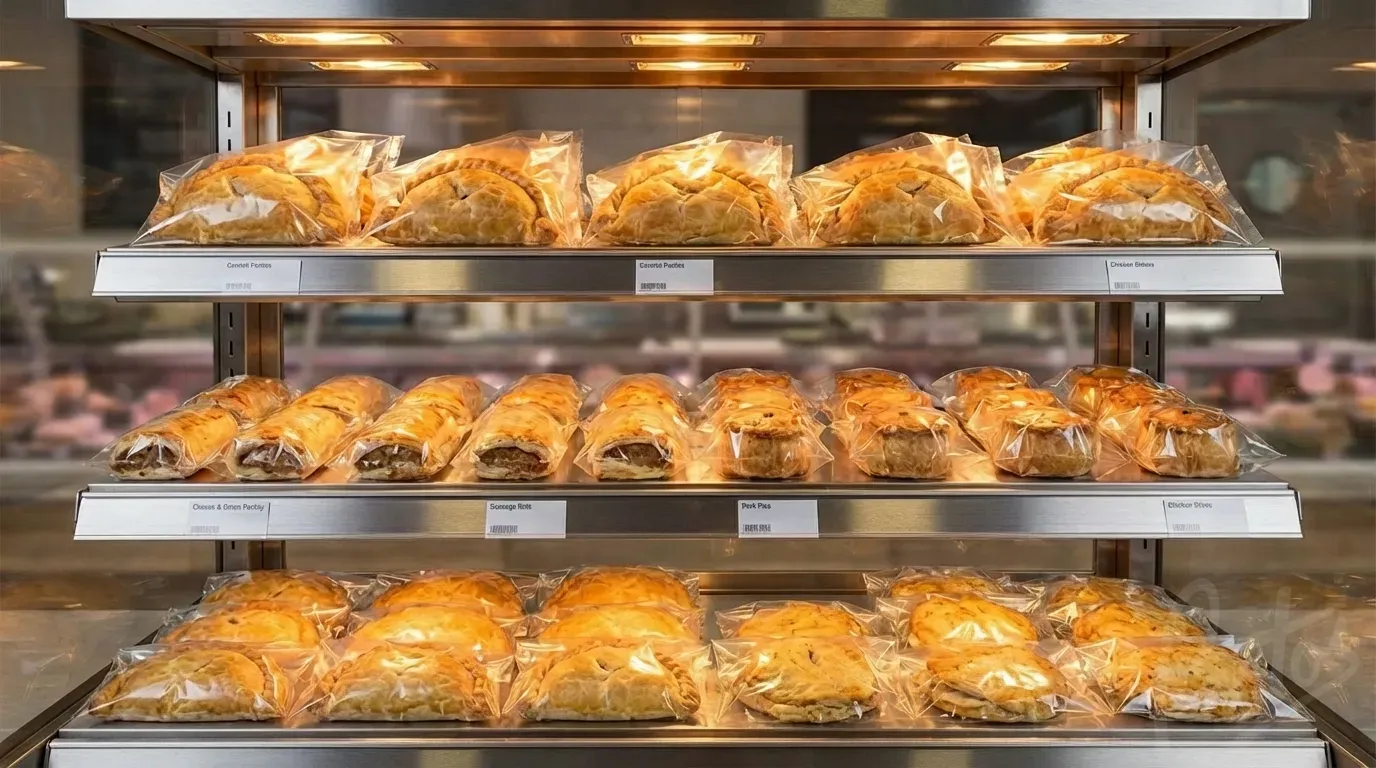 Supermarket hot food counter with pasties and pies in clear BOPP bags under heat lamps