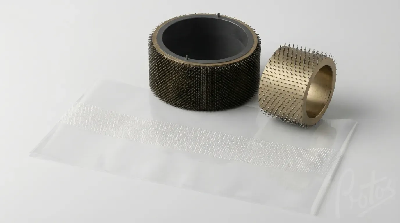 Hot needle perforation rollers showing different pin densities for strip perforation patterns