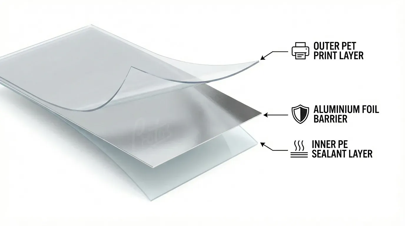 Cross-section diagram showing layers of a laminate packaging film - outer print layer, barrier layer, and inner sealant layer