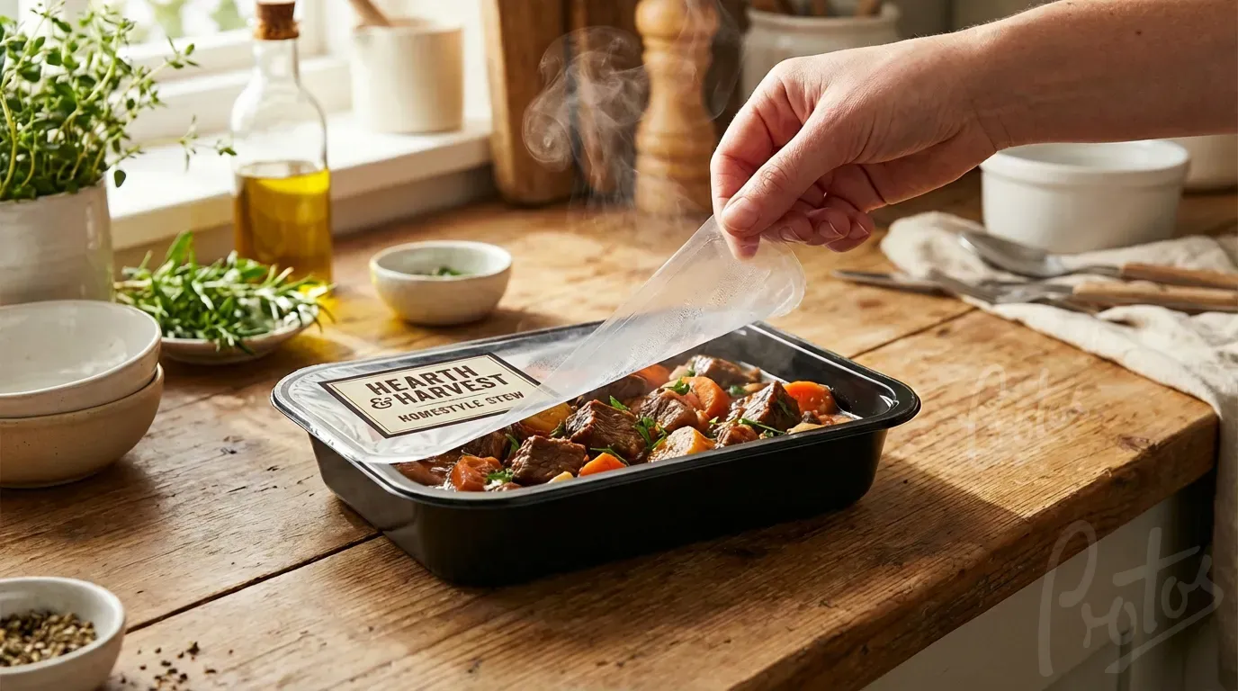 Laminate lidding film peeling back from food tray showing clean seal and anti-fog clarity