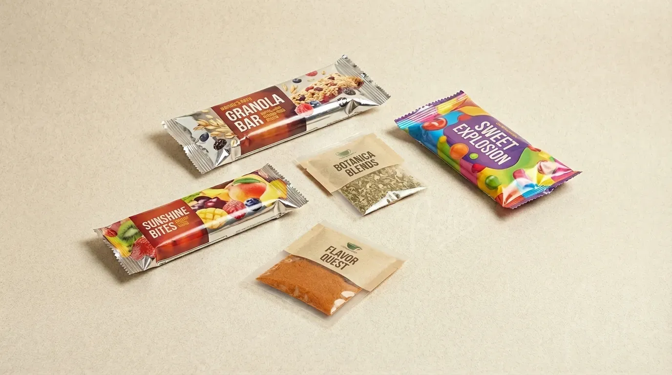 Range of laminate packaging applications including coffee pouches, snack bags, pet food packaging, and confectionery wrappers