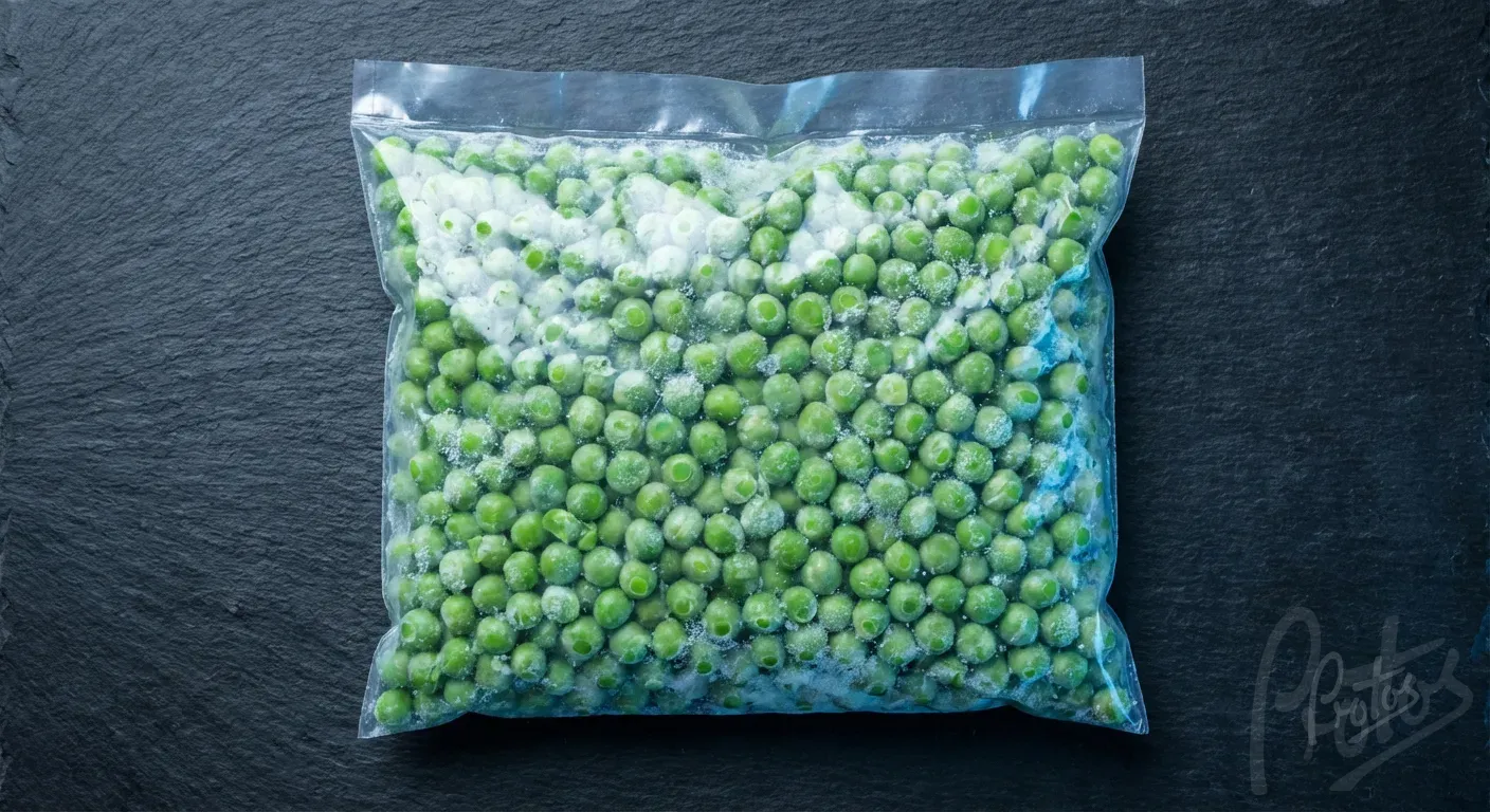 Frozen peas in clear LDPE packaging bag with frost, demonstrating polyethylene's suitability for frozen food applications