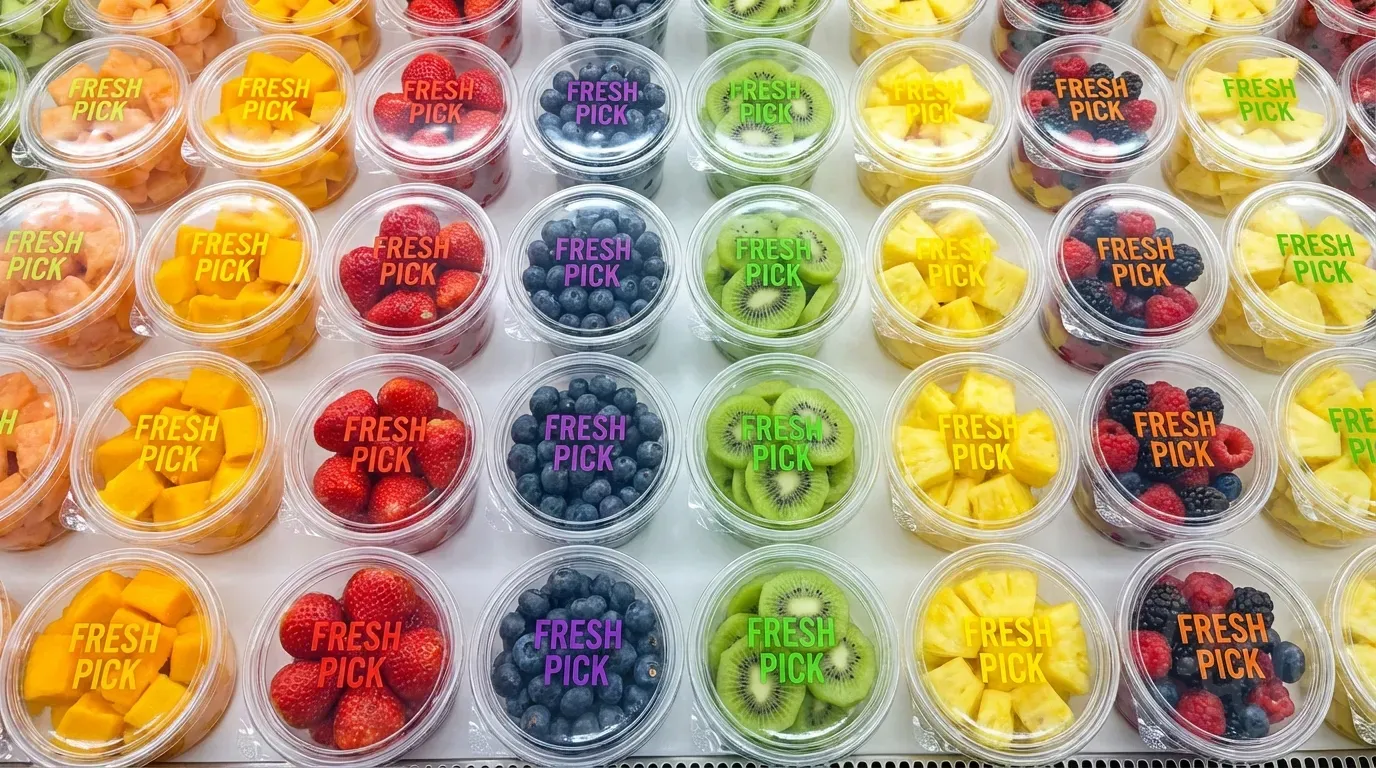Colourful fresh fruit pots with clear lidding film showing rainbow of mango, strawberries, blueberries, and kiwi