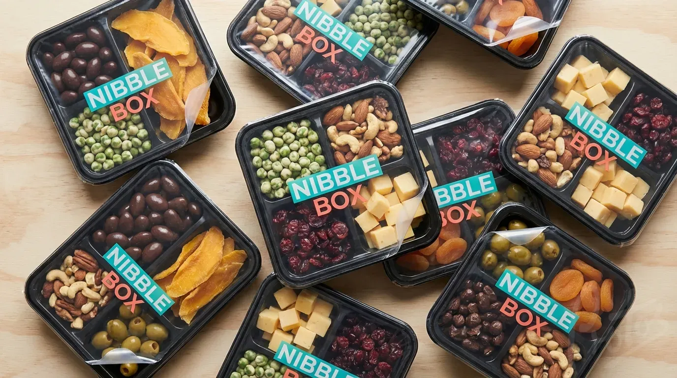 Compartmentalised snack boxes with clear printed lidding film showing premium healthy snacks