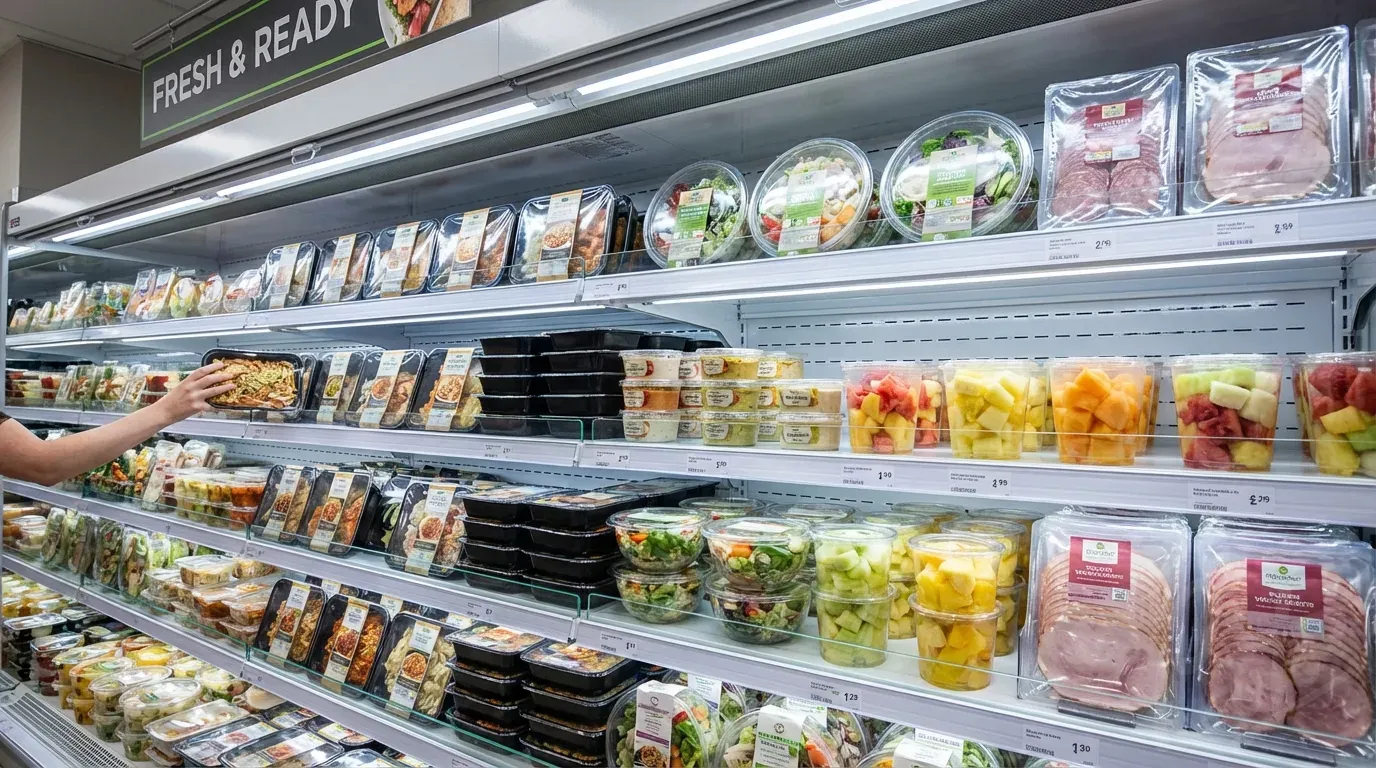 Supermarket chilled aisle with ready meals and fresh food in sealed trays with clear lidding film