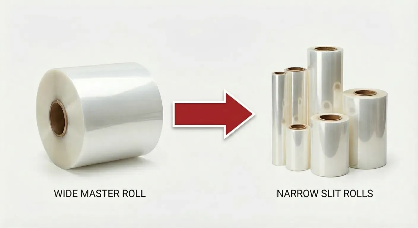 Diagram showing how a wide master roll is slit into multiple narrower widths