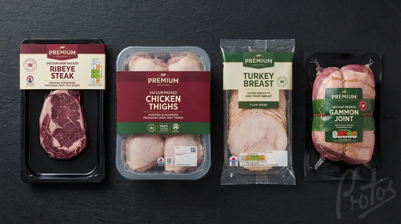 Range of meat products in flexible packaging - vacuum skin steak, chicken with printed lidding, sliced ham flow wrap, and smoked gammon