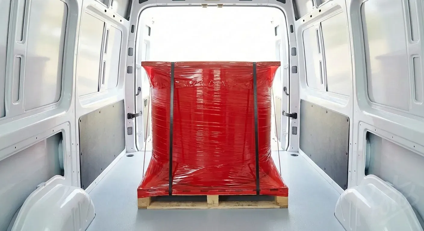 Mill roll of flexible packaging film wrapped in red pallet wrap loaded in delivery van