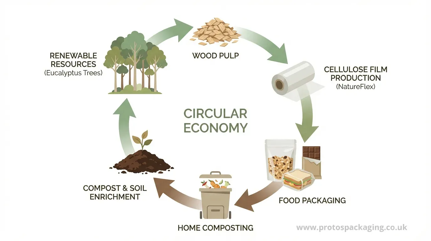 NatureFlex circular lifecycle - from sustainable eucalyptus forestry to cellulose film packaging to home composting and back to nature