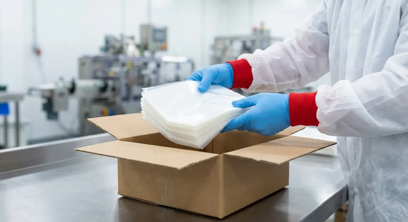 Operator in food-grade facility boxing finished flexible packaging bags for dispatch