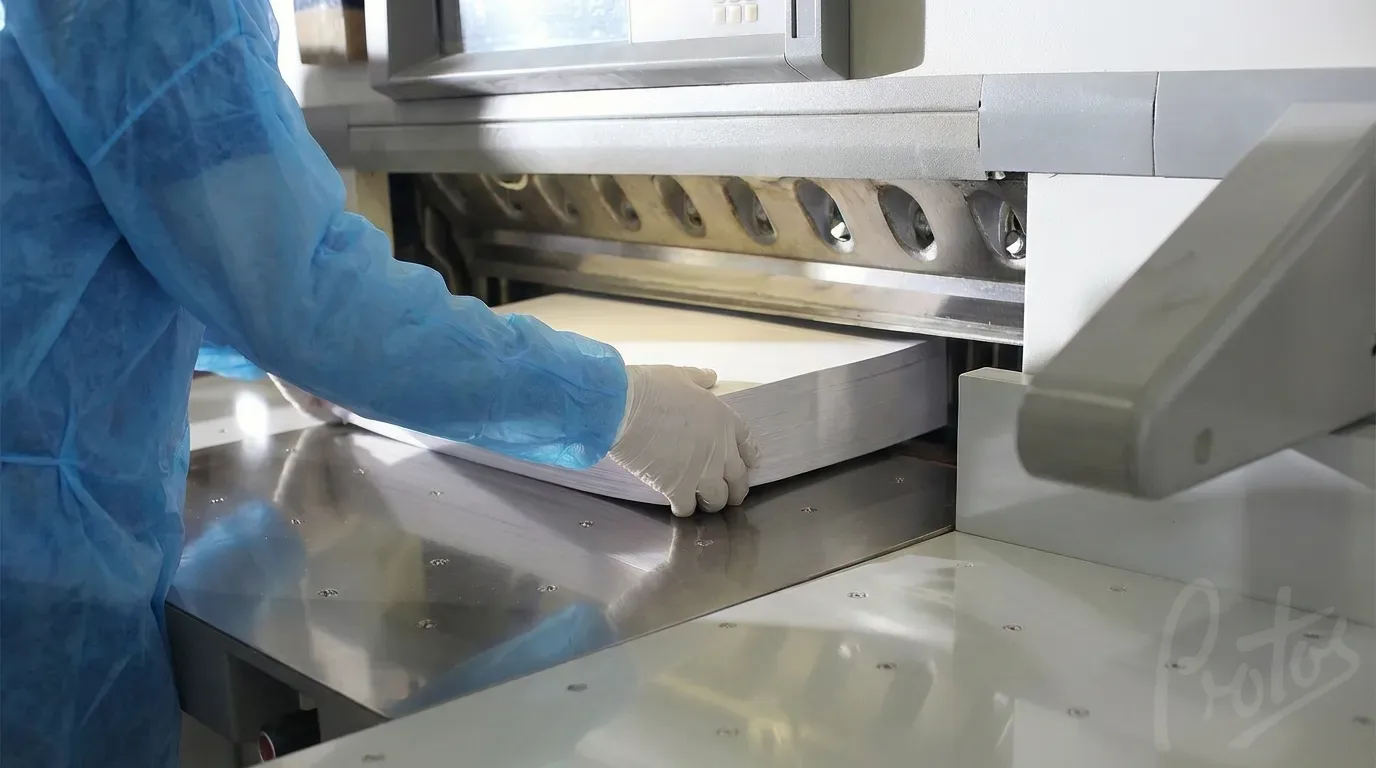 Operator loading paper sheets into industrial guillotine for precision cutting