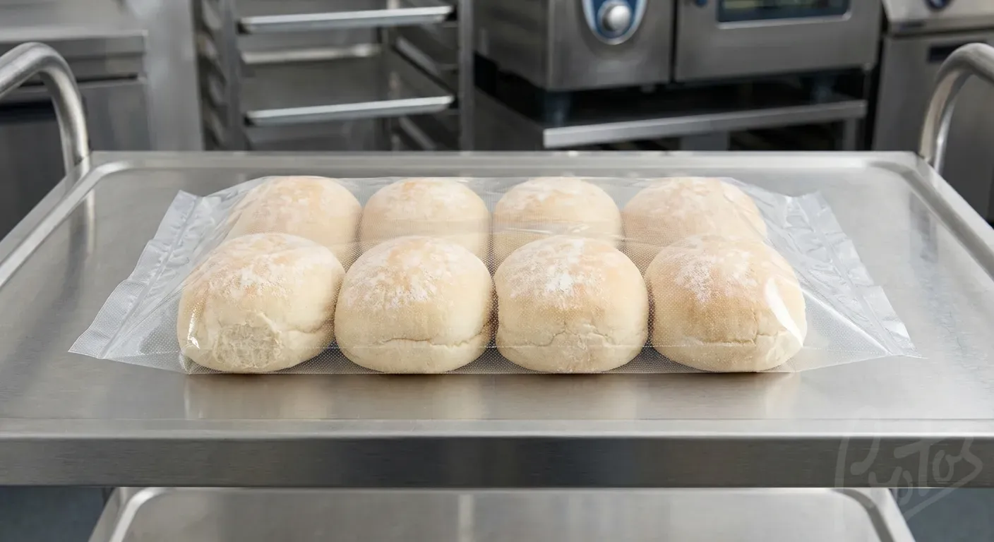 Part-baked bread rolls in ovenable bag on commercial kitchen counter ready for finishing