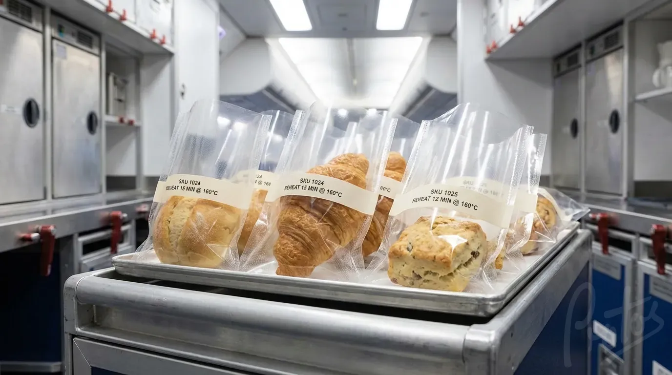 Ovenable bags in airline galley showing bread rolls, croissants, and scones with SKU labels ready for reheating