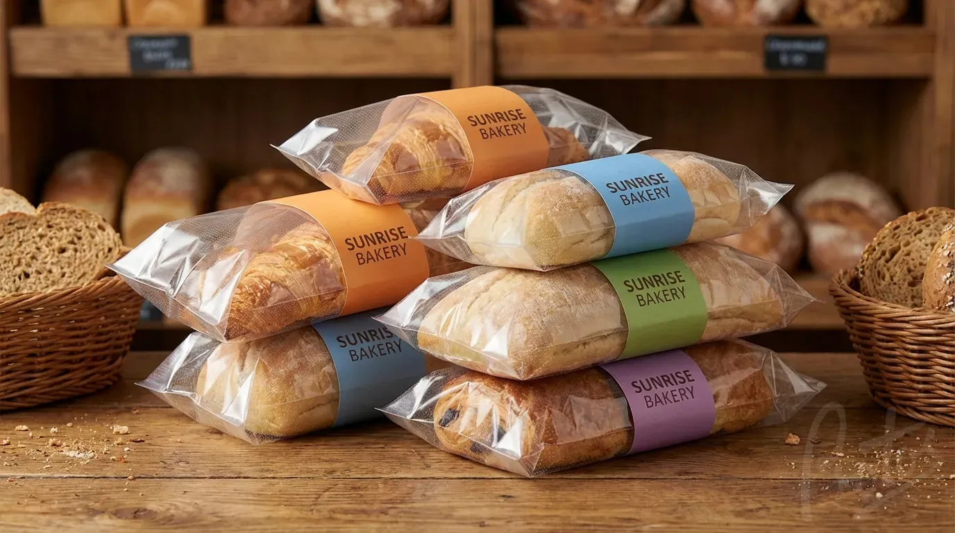 Range of ovenable bags with colour-coded sleeves for different bakery products - rolls, baguettes, croissants