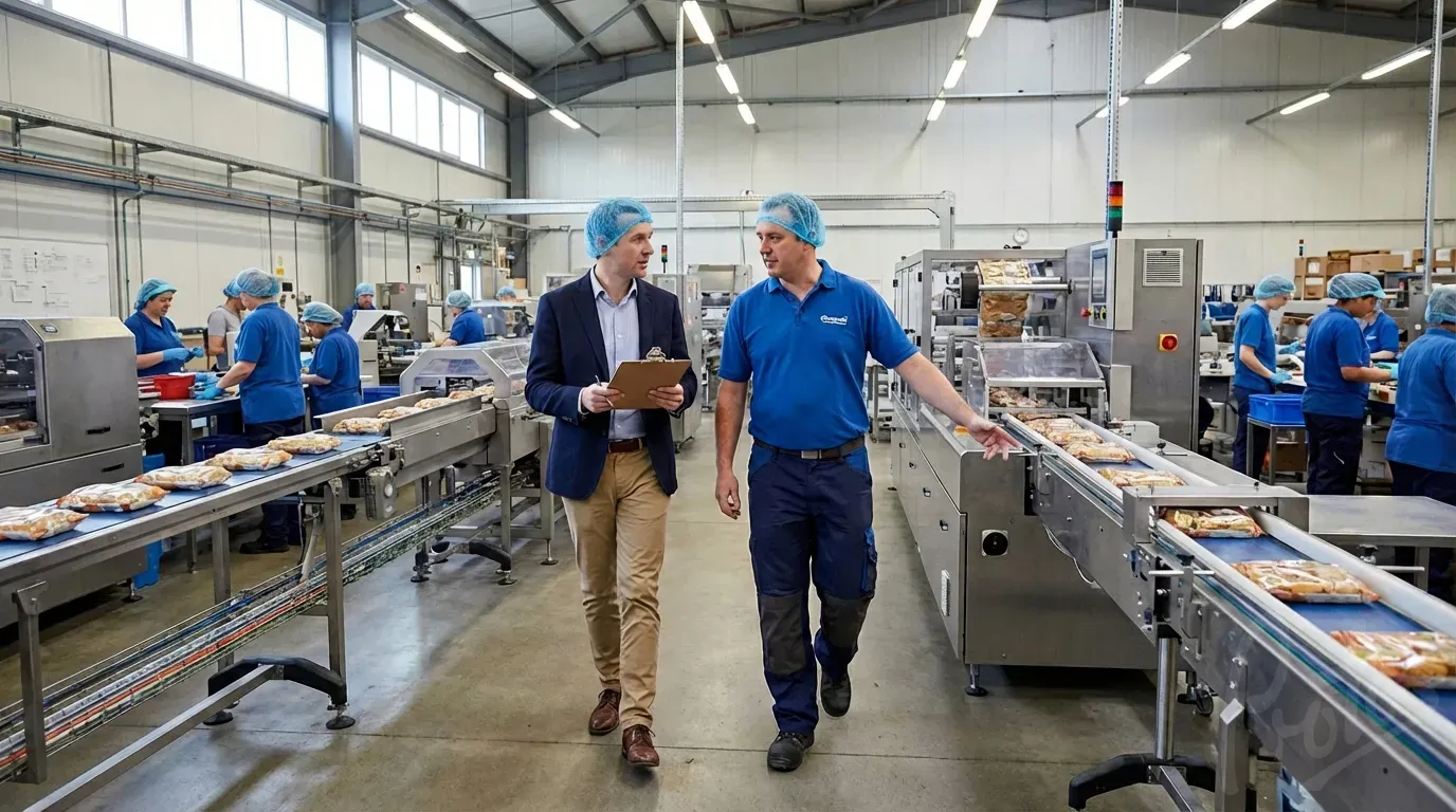 Packaging consultant conducting on-site factory audit with production manager reviewing packaging line operations