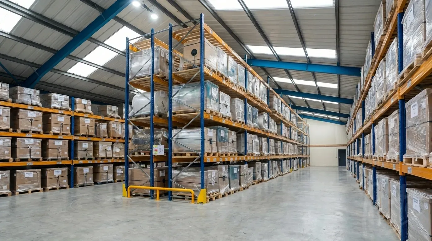 Packaging warehouse with racking system for stock holding and call-off service