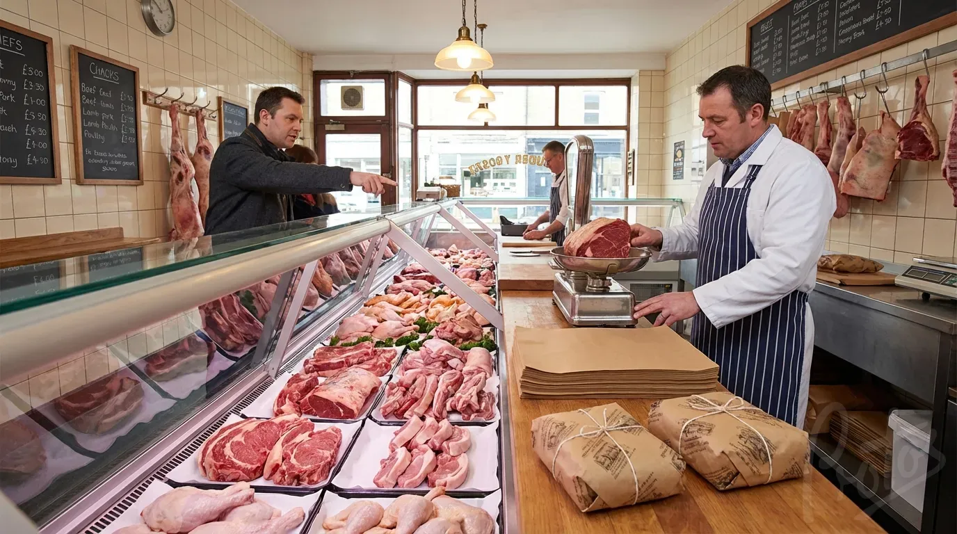 Traditional butcher shop with meat displayed on PE coated paper liners