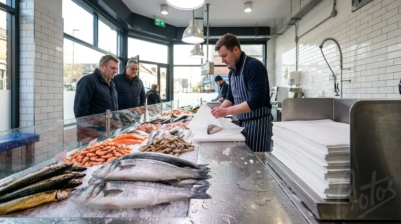 Fishmonger wrapping fresh fish in PE coated paper at a busy counter