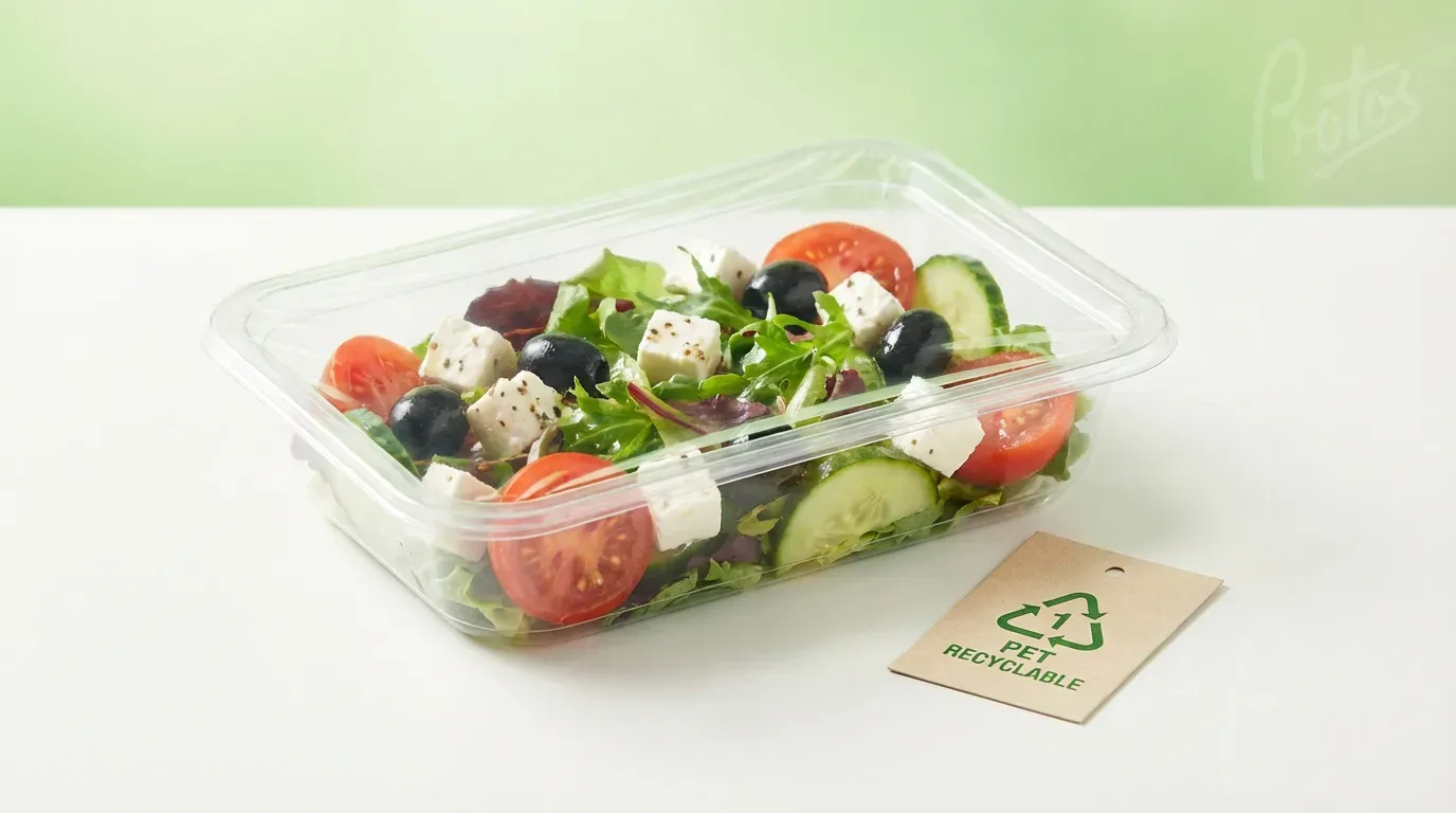 Clear PET tray with PET lidding film containing fresh salad - demonstrating mono-material recyclable packaging